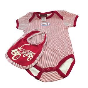 Vintage Y2K 2005 Radio Flyer Baby Set Red White Stripe One Piece and Bib Sz 12M